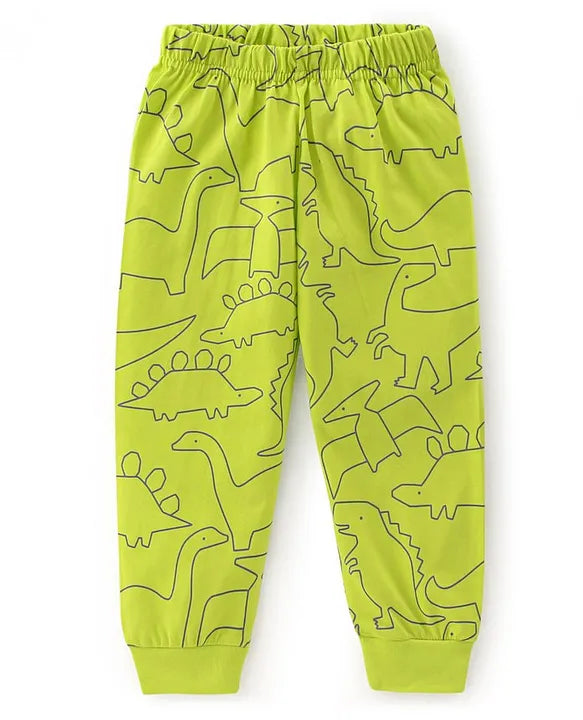 Cotton Knit Full Sleeves Night Suit With Dino Print - Green