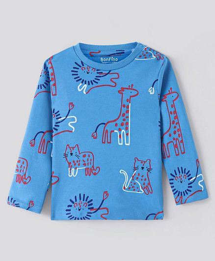 100% Cotton Knit Full Sleeves T-Shirt & Joggers Co-Ord Set With Animals Print - Blue