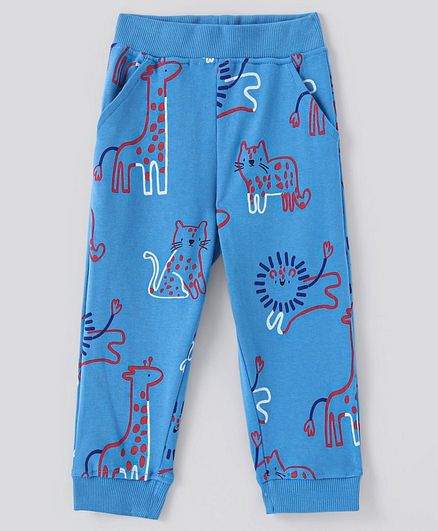 100% Cotton Knit Full Sleeves T-Shirt & Joggers Co-Ord Set With Animals Print - Blue