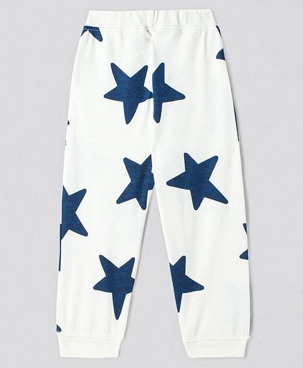 100% Cotton Knit Full Sleeves Night Suit with Star Print - White