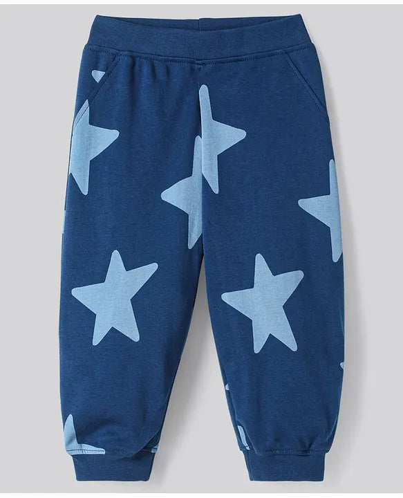 100% Cotton Knit Full Sleeves Night Suit with Star Print - Navy Blue