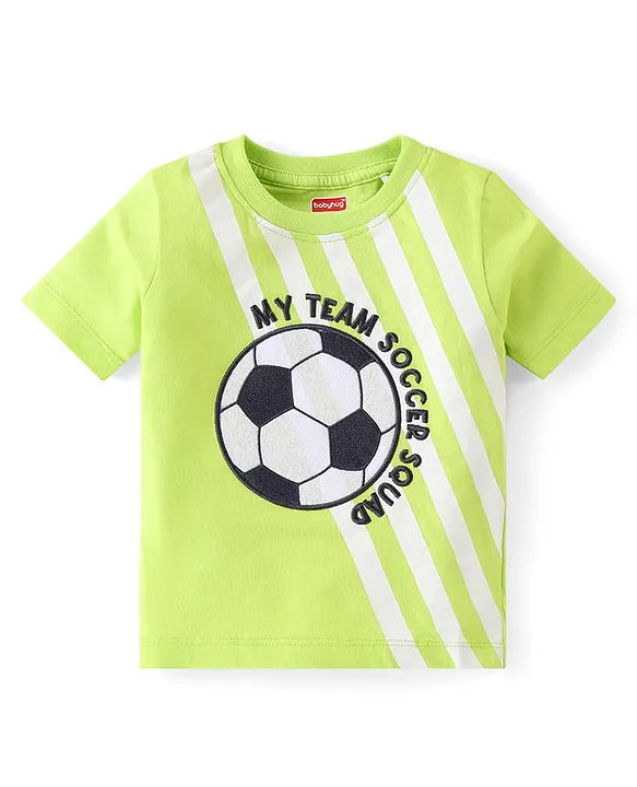 Cotton Knit Half Sleeves T-Shirt & Shorts Set With Soccer Ball Embroidery - Green & Blue