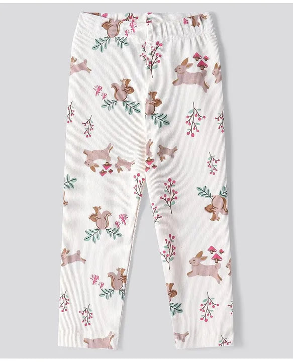 100% Cotton Rib Fabric Full Sleeves Frill Detailed Bunny & Floral Printed Top & Leggings Set -Off Wite