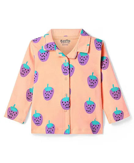 Strawberries Printed Night Suit - Peach (100% Cotton)