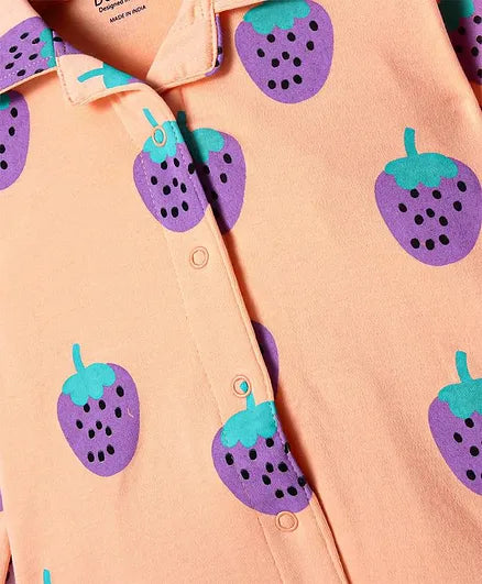 Strawberries Printed Night Suit - Peach (100% Cotton)