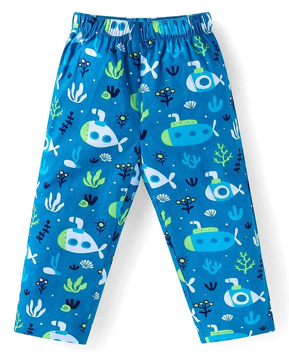 Cotton Woven Full Sleeves Front Open Night Suit With Sea Life Print - Blue