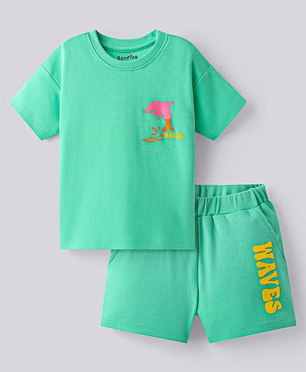 Cotton Knit Half Sleeves T-Shirt & Shorts Set With Sea Life Text Print - Light Green