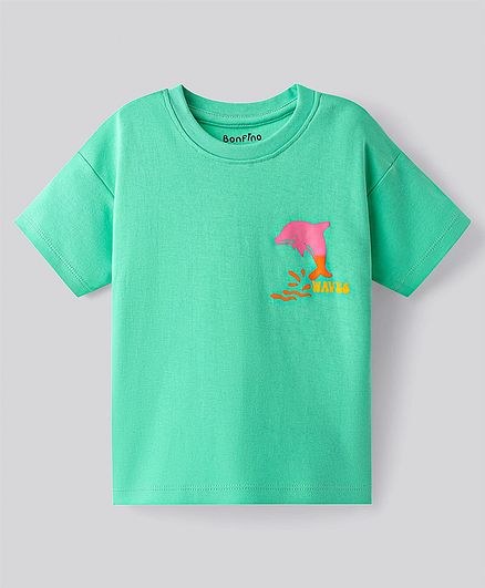Cotton Knit Half Sleeves T-Shirt & Shorts Set With Sea Life Text Print - Light Green