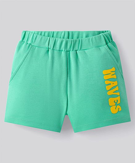 Cotton Knit Half Sleeves T-Shirt & Shorts Set With Sea Life Text Print - Light Green