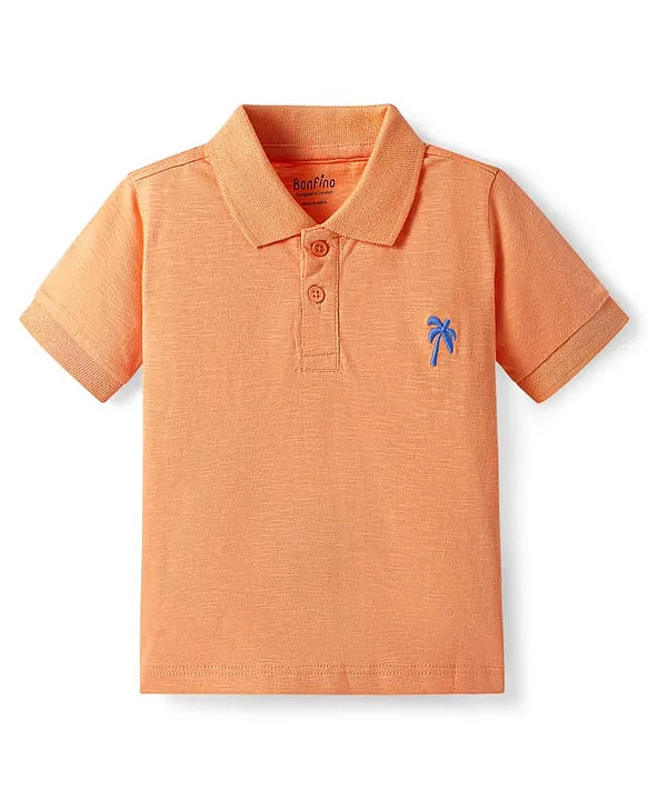 100% Cotton Knit Half Sleeves Polo T-Shirt & Shorts Set With Tree Embroidery - Peach