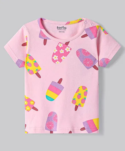 100% Cotton Printed Half Sleeves Shorts Set Pack of 2 - Vanilla Ice/Ballerina