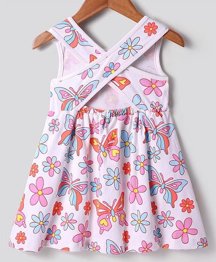 100% Cotton Knit Sleeveless Dress with Floral & Butterfly Print - Multicolor