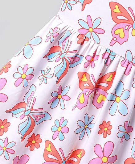 100% Cotton Knit Sleeveless Dress with Floral & Butterfly Print - Multicolor