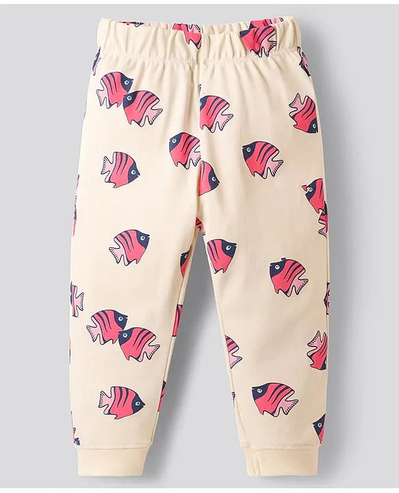 100% Cotton Knit Full Sleeves Co-ords Night Suit with Fish Print - Beige