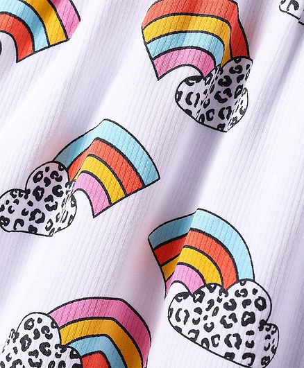 Cotton Dress With Rainbow Print and Frills - White