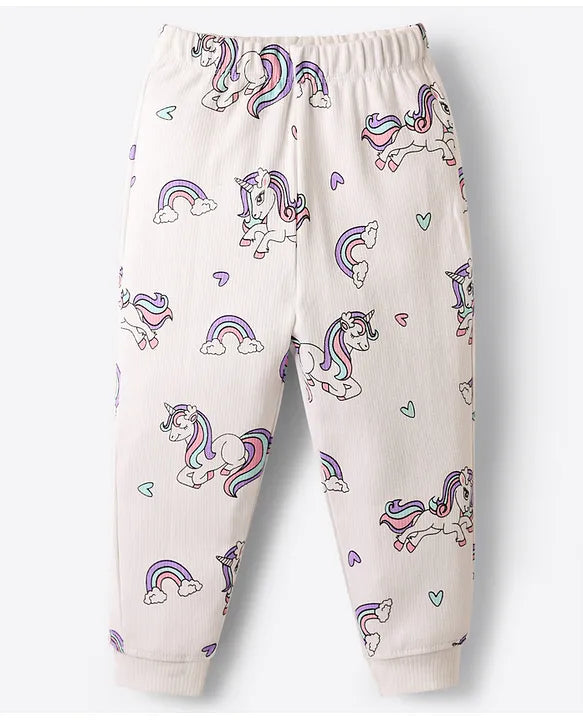 100% Cotton Knit Full Sleeves Co-ords Night Suit with Unicorn Print - White