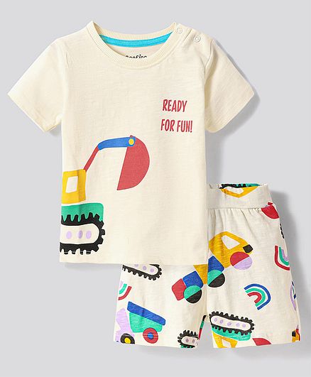 100% Cotton Printed T-Shirt and Shorts Set with Crane print - Off White