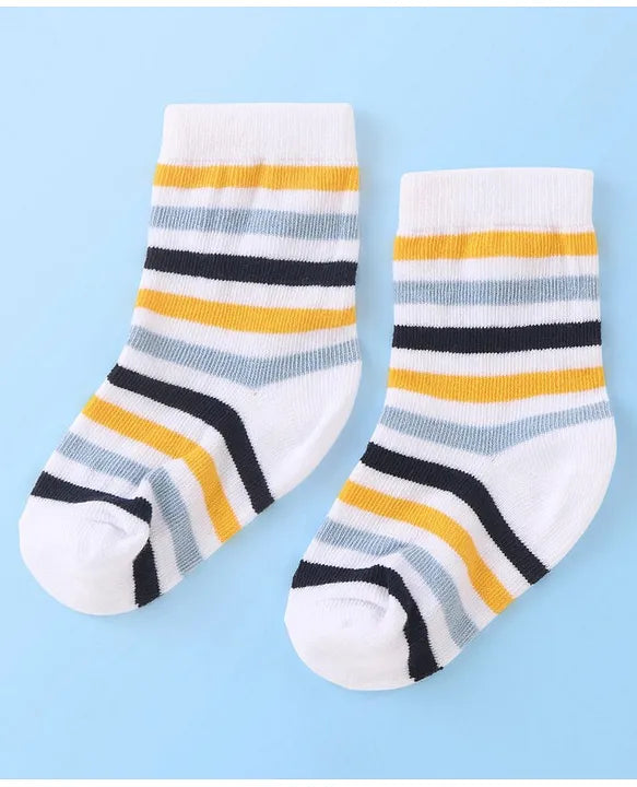 Cotton Blend Ankle Length Anti Bacterial Socks Stripes Design Pack of 3 - White & Yellow