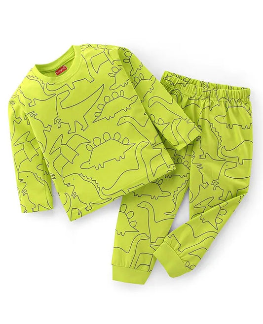Cotton Knit Full Sleeves Night Suit With Dino Print - Green