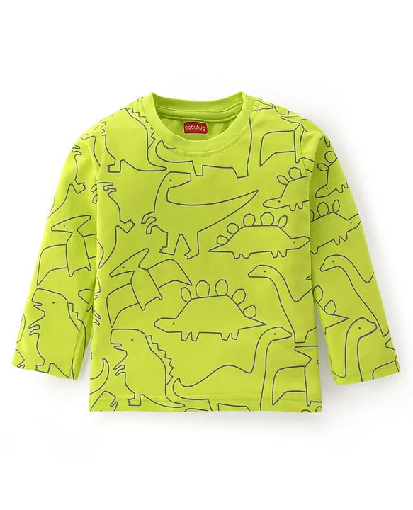 Cotton Knit Full Sleeves Night Suit With Dino Print - Green