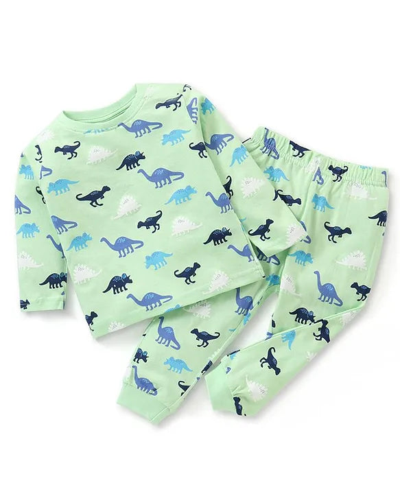 Cotton Knit Full Sleeves Dino Printed Night Suit - Green