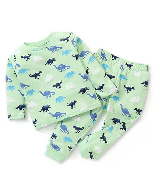 Cotton Knit Full Sleeves Dino Printed Night Suit - Green