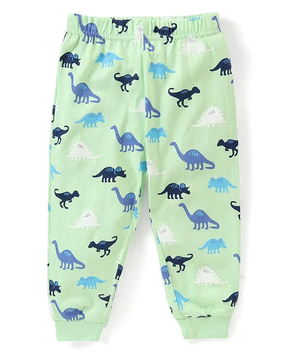 Cotton Knit Full Sleeves Dino Printed Night Suit - Green