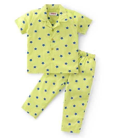 100% Cotton Woven Full Sleeves Night Suit Star Print - Green