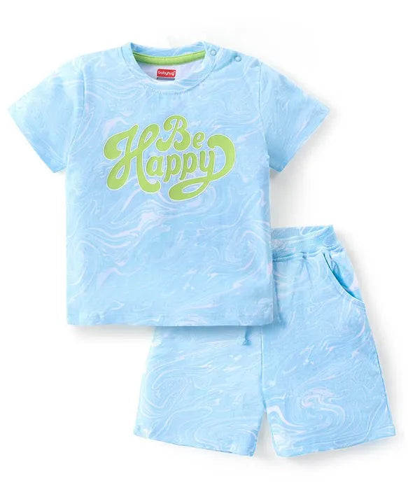100% Cotton Knit Half Sleeves Text Printed T-Shirt & Shorts Set - Blue