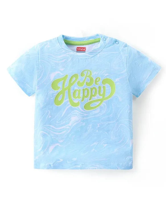 100% Cotton Knit Half Sleeves Text Printed T-Shirt & Shorts Set - Blue