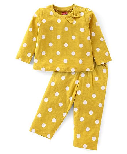 Cotton Knit Full Sleeves Night Suit with Polka Dots Print & Bow Detailing