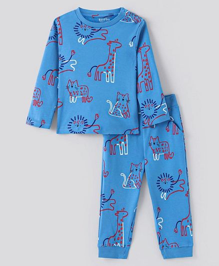 100% Cotton Knit Full Sleeves T-Shirt &amp; Joggers Co-Ord Set With Animals Print - Blue