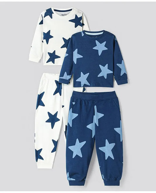 100% Cotton Knit Full Sleeves Night Suits with Star Print Pack of 2 - Navy Blue & White