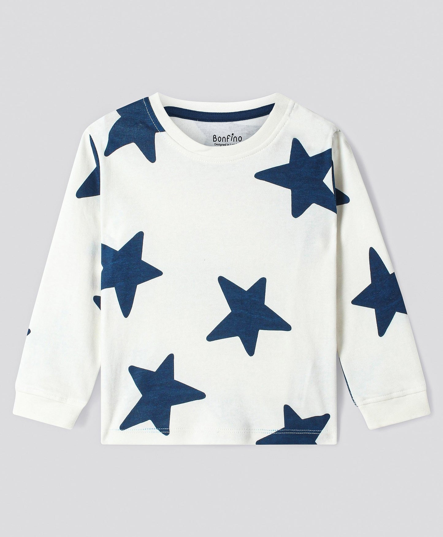 100% Cotton Knit Full Sleeves Night Suit with Star Print - White