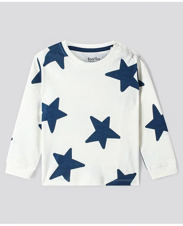 100% Cotton Knit Full Sleeves Night Suits with Star Print Pack of 2 - Navy Blue & White