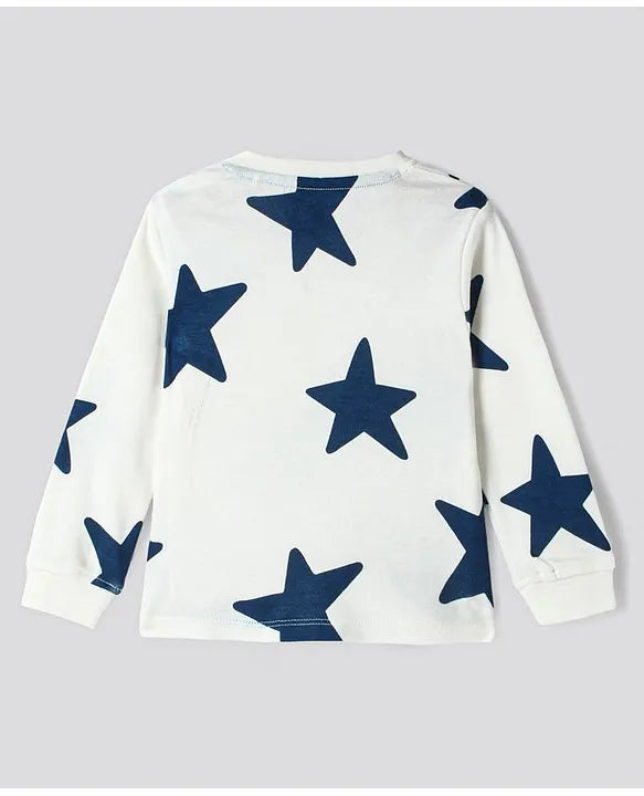100% Cotton Knit Full Sleeves Night Suits with Star Print Pack of 2 - Navy Blue & White