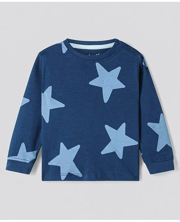 100% Cotton Knit Full Sleeves Night Suits with Star Print Pack of 2 - Navy Blue & White