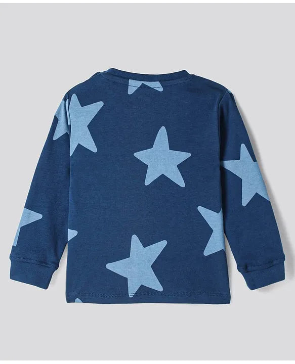 100% Cotton Knit Full Sleeves Night Suits with Star Print Pack of 2 - Navy Blue & White