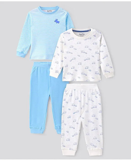 100% Cotton Knit Full Sleeves Night Suit Elephant & Rhino Print Pack of 2 - White & Blue