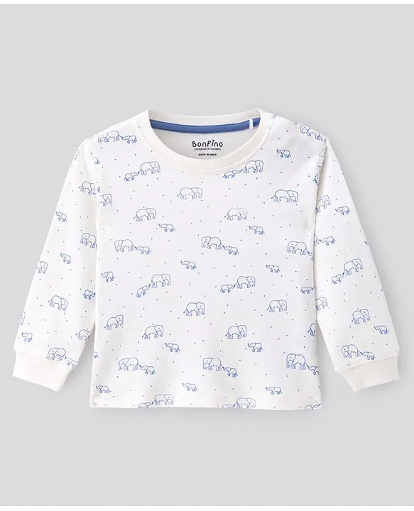 100% Cotton Knit Full Sleeves Night Suit Elephant & Rhino Print Pack of 2 - White & Blue
