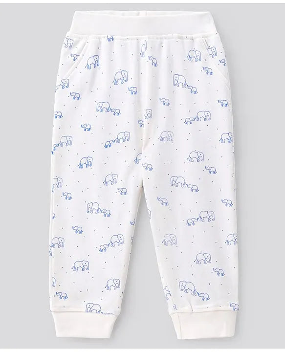100% Cotton Knit Full Sleeves Night Suit Elephant & Rhino Print Pack of 2 - White & Blue