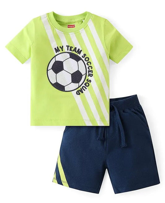 Cotton Knit Half Sleeves T-Shirt & Shorts Set With Soccer Ball Embroidery - Green & Blue