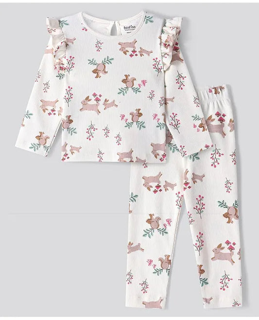 100% Cotton Rib Fabric Full Sleeves Frill Detailed Bunny & Floral Printed Top & Leggings Set -Off Wite