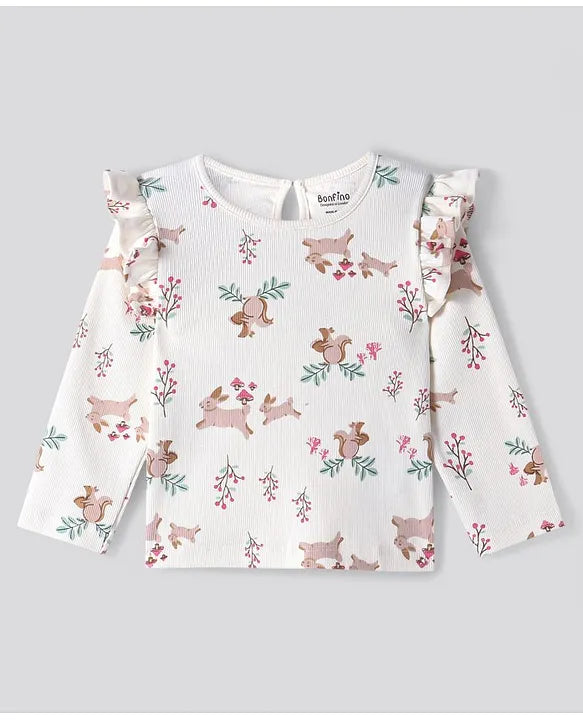 100% Cotton Rib Fabric Full Sleeves Frill Detailed Bunny & Floral Printed Top & Leggings Set -Off Wite