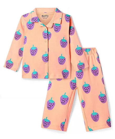 Strawberries Printed Night Suit - Peach (100% Cotton)