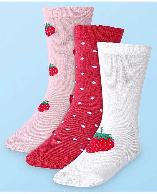 Cotton Lycra Knit Anti-bacterial Socks Polka Dots & Strawberry Design Pack of 3 - Pink White & Red