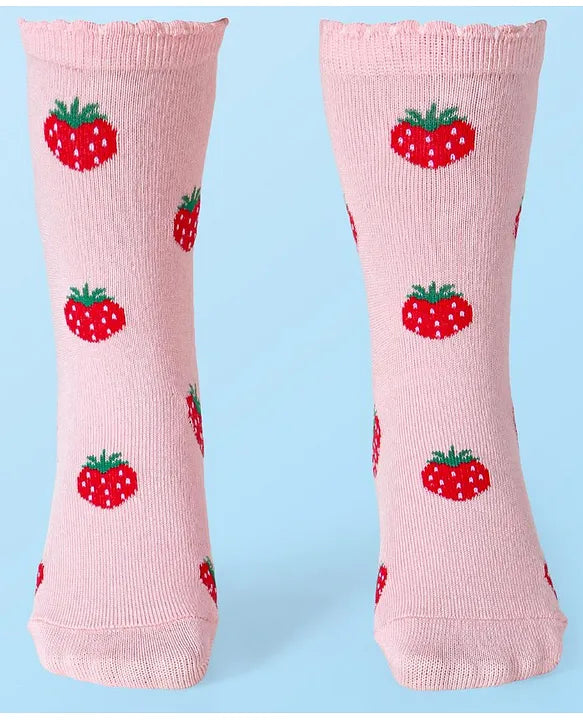 Cotton Lycra Knit Anti-bacterial Socks Polka Dots & Strawberry Design Pack of 3 - Pink White & Red