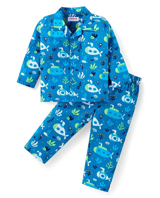 Cotton Woven Full Sleeves Front Open Night Suit With Sea Life Print - Blue