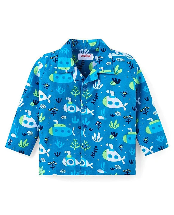 Cotton Woven Full Sleeves Front Open Night Suit With Sea Life Print - Blue