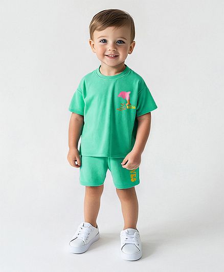 Cotton Knit Half Sleeves T-Shirt & Shorts Set With Sea Life Text Print - Light Green